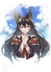  1girl bags_under_eyes bangs black_hair black_jacket blue_sky blush breasts brown_eyes ear_piercing erune granblue_fantasy hair_between_eyes heriwo_(haraheridou) highres jacket long_hair long_sleeves looking_at_viewer nier_(granblue_fantasy) piercing scrunchie sky smile solo wide_sleeves wrist_scrunchie 