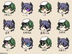  2girls :&gt; :&lt; :3 =d butterfly_eyepatch closed_eyes commentary_request eyepatch flower_eyepatch green_eyes grin hat headgear kantai_collection kiso_(kantai_collection) kurohiruyume multiple_girls purple_hair smile star_eyepatch tenryuu_(kantai_collection) tongue tongue_out translation_request twitter_username 