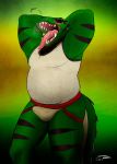  2016 abstract_background alligator alligatorid anthro belly biped black_stripes blush bodily_fluids bulge clothing colored crocodilian digital_drawing_(artwork) digital_media_(artwork) english_text erection erection_under_clothing eyes_closed facial_piercing front_view green_body hand_behind_head hi_res jockstrap jrbart male musclegut muscular muscular_male nipple_outline nose_piercing onomatopoeia open_mouth piercing portrait reptile saliva scalie scar sharp_teeth shirt signature slightly_chubby solo sound_effects standing stripes tank_top teeth text three-quarter_portrait tongue topwear underwear uvula yawn 