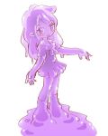  1girl blush commentary_request long_hair looking_at_viewer lowres monster_girl open_mouth original pleated_skirt pukao purple_eyes purple_skin school_uniform simple_background skirt slime_girl solo standing white_background 