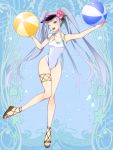  1girl ;d ball beachball blue_background blue_eyes dairoku_youhei dual_wielding flower grey_hair hair_flower hair_ornament holding l_(matador) long_hair one-piece_swimsuit one_eye_closed open_mouth sandals simple_background smile solo swimsuit thighlet twintails very_long_hair visor_cap white_swimsuit 
