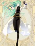 1boy belt belt_pouch black_pants boots dairoku_youhei elf full_body green_hair hair_over_one_eye hair_tie jacket knee_boots l_(matador) long_sleeves looking_at_viewer male_focus pants pointy_ears potion pouch simple_background smile solo standing standing_on_one_leg vial white_jacket yellow_background 