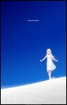  1girl blue_eyes blue_sky bow circle_name contrast day dress dust_cloud english_text facing_viewer highres hime_cut light_smile looking_to_the_side matsumoto_tomoki original outdoors outstretched_arms sand sand_dune sandals sky solo sundress walking watermark web_address white_bow white_dress white_hair white_sand 