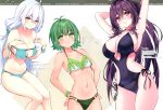  3girls absurdres ahoge armpits arms_up bangs bare_shoulders bikini blush bracelet breasts cleavage covered_navel cu-no fingernails glasses green_eyes green_hair hair_ornament hair_scrunchie hands_on_hips hands_on_own_chest highres hisenkaede jewelry kokonoe_tamaki long_hair looking_at_viewer medium_breasts multiple_girls nail_polish navel nonono_futaba o-ring o-ring_bikini o-ring_swimsuit one-piece_swimsuit orange_eyes rapua_qive red_eyes scan scrunchie shiny shiny_hair short_hair silver_hair simple_background smile stomach swimsuit thighs tied_hair 