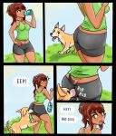  bluetheboo blush canid canine canis comic dialogue domestic_dog female feral grass hair herding_dog hi_res human male male/female mammal orange_eyes pastoral_dog ponytail red_hair rubbing simple_background spats surprise text transformation water_bottle welsh_corgi 