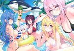  6+girls :d ^_^ absurdres antenna_hair arm_up bikini black_bikini blonde_hair blue_eyes blue_hair blue_sky blush breasts cleavage closed_eyes criss-cross_halter cu-no day dutch_angle earrings glasses green_eyes green_hair hair_between_eyes hair_ornament hairclip hakurei_botan halterneck highres hisenkaede huge_filesize inflatable_orca inflatable_toy innertube jewelry kohitsuji_ai kokonoe_tamaki large_breasts long_hair multiple_girls navel necklace nonono_futaba o-ring o-ring_bikini open_mouth outdoors pink_eyes pink_hair purple_eyes purple_hair rapua_qive scan scrunchie short_hair side-tie_bikini sideboob sky smile strap_gap striped striped_bikini swimsuit wading white_bikini white_hair wrist_scrunchie yayoi_sakura 