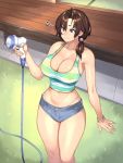  1girl 23_(real_xxiii) absurdres ahoge bad_anatomy bangle bangs blue_eyes bracelet breasts brown_hair cleavage closed_mouth covered_nipples grass hair_over_shoulder hair_tie highleg highleg_panties highres holding hose hose_nozzle inaka_no_onee-chan_to_hito_natsu_docha_ero_icha_love_sex jewelry large_breasts low_ponytail medium_hair navel outdoors panties ring short_shorts shorts smile solo solo_focus standing striped_tank_top sweat tank_top thighs underwear veranda 