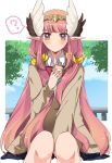  1girl ? alternate_costume blush circe_(fate/grand_order) commentary_request day fate/grand_order fate_(series) green_eyes headdress highres juice_box long_hair long_sleeves looking_at_viewer multicolored multicolored_eyes pink_eyes pink_hair pointy_ears sitting solo spoken_question_mark tiranaihana twitter_username very_long_hair 