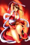  1girl absurdres arm_up breasts brown_eyes brown_hair cleavage fan fatal_fury fire highres holding holding_fan japanese_clothes judge_(oekaki) large_breasts long_hair pelvic_curtain ponytail red_background revealing_clothes rope shiranui_mai simple_background solo the_king_of_fighters thick_thighs thighs 