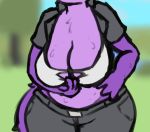  anthro bodily_fluids breasts clothed clothing equid equine female fur horse low_res mammal noir_(character) outside petsoftthings_(artist) presenting presenting_breasts public pulling_shirt_down purple_body purple_fur solo sweat thick_thighs 