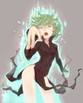  1girl ass black_dress breasts curly_hair dress green_eyes green_hair highres looking_at_viewer nyonn24 one-punch_man open_mouth short_hair side_slit simple_background solo tatsumaki telekinesis 