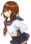 1girl ;d anchor_symbol black_legwear black_skirt blush brown_eyes brown_hair commentary_request eyebrows_visible_through_hair fang hair_ornament hairclip ikazuchi_(kantai_collection) jewelry kantai_collection kouji_(campus_life) long_sleeves looking_at_viewer navel neckerchief one_eye_closed open_mouth pleated_skirt red_neckwear ring sailor_collar school_uniform serafuku short_hair simple_background skirt smile solo thighhighs wedding_band white_background 