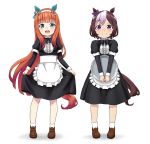  2girls :d alternate_costume animal_ears apron aqua_eyes black_neckwear bow bowtie brown_hair commentary_request enmaided eyebrows_visible_through_hair full_body hairband highres horse_ears horse_tail kumaji_(kumazidayo) long_hair long_sleeves maid multicolored_hair multiple_girls open_mouth orange_hair purple_eyes short_hair silence_suzuka simple_background skirt_hold smile special_week standing tail tray two-tone_hair umamusume v_arms waist_apron white_background white_hair younger 
