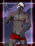  2020 3:4 5_fingers anthro black_hair body_hair chest_hair clothed clothing facial_piercing feralise fingers grey_body grey_skin hair hi_res hyaenid looking_at_viewer male mammal multicolored_hair nipples nose_piercing nose_ring piercing pubes red_eyes removing_underwear smile solo spots standing teasing topless two_tone_hair undressing white_hair 