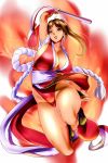  1girl arm_up breasts brown_eyes brown_hair cleavage closed_fan fan fatal_fury fire folding_fan highres holding holding_fan japanese_clothes judge_(oekaki) large_breasts long_hair pelvic_curtain ponytail revealing_clothes rope shiranui_mai solo the_king_of_fighters thick_thighs thighs white_background 