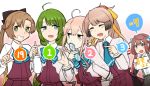  5girls ahoge akigumo_(kantai_collection) anniversary aqua_neckwear asagumo_(kantai_collection) bangs blush bow bowtie brown_hair closed_eyes commentary_request dress eyebrows_visible_through_hair glasses gradient_hair green_hair hair_ribbon holding holding_eyewear iwana jacket kantai_collection kazagumo_(kantai_collection) light_brown_hair long_hair makigumo_(kantai_collection) mole mole_under_mouth multicolored_hair multiple_girls open_mouth pink_hair ponytail purple_dress remodel_(kantai_collection) ribbon sidelocks simple_background skirt suspender_skirt suspenders translation_request upper_body white_jacket yuugumo_(kantai_collection) 