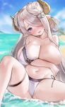  1girl anparu beach bikini blue_eyes breast_hold breasts collarbone come_hither draph fang granblue_fantasy hair_over_one_eye heart heart-shaped_pupils highres huge_breasts long_hair narmaya_(granblue_fantasy) navel open_mouth saliva saliva_trail sand side-tie_bikini silver_hair spread_legs swimsuit symbol-shaped_pupils 