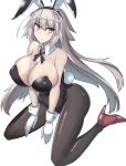  1girl ahoge animal_ears bare_shoulders black_legwear blush breasts bunny_ears bunny_girl bunny_tail bunnysuit cleavage detached_collar fate/grand_order fate_(series) gippo gloves high_heels highres jeanne_d&#039;arc_(alter)_(fate) jeanne_d&#039;arc_(fate)_(all) large_breasts leotard long_hair looking_at_viewer pantyhose silver_hair simple_background sitting solo tail wariza white_background wrist_cuffs yellow_eyes 