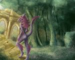  5:4 anthro beast_(disambiguation) biped breasts butt digital_media_(artwork) dragon female forest hair hi_res leg_tuft magic mature_(disambiguation) non-mammal_breasts nude outside pink_body pink_hair red_eyes scalie side_boob side_view slim smile solo sparks stairs tail_tuft tree tuft 