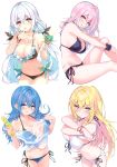  4girls absurdres bangs bare_shoulders bikini blonde_hair blue_eyes blue_hair blush bracelet breasts cleavage cu-no eyebrows_visible_through_hair fingernails food hakurei_botan highres hisenkaede holding holding_food ice_cream jewelry kohitsuji_ai large_breasts long_hair looking_at_viewer medium_breasts multiple_girls nail_polish navel orange_eyes parted_lips pink_hair purple_eyes scan scrunchie see-through shiny shiny_hair side-tie_bikini silver_hair simple_background sitting smile stomach swimsuit thighs water_gun white_background wrist_scrunchie yayoi_sakura 