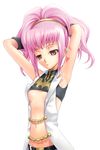  40010prototype anya_alstreim armpits arms_behind_head arms_up code_geass crop_top flat_chest groin hairband highres navel nipple_slip nipples pink_eyes pink_hair simple_background solo turtleneck white_background 