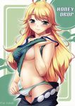  ahoge areolae blonde_hair blush breasts green_eyes highres hoshii_miki idolmaster idolmaster_(classic) idolmaster_1 kirin_kakeru large_breasts long_hair navel panties panty_pull shirt_lift solo striped underwear 