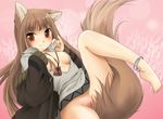  animal_ears barefoot bottomless breasts brown_hair feet holo ikuta_takanon long_hair nipple_slip nipples no_panties open_clothes open_shirt pussy_peek red_eyes shirt small_breasts solo spice_and_wolf tail toe_scrunch wolf_ears 