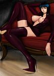  arm_behind_head bangs black_hair blue_eyes blunt_bangs boots breasts breasts_outside couch crossed_legs dress from_side grin half-closed_eyes high_heel_boots high_heels indoors knee_up komii large_breasts long_sleeves looking_to_the_side nico_robin nipples no_bra one_piece open_clothes open_dress purple_footwear purple_legwear reclining short_dress short_hair smile solo stiletto_heels thigh_boots thighhighs zettai_ryouiki 