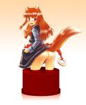  animal_ears apple ass bad_id bad_pixiv_id brown_hair fang food fruit holding holding_food holding_fruit holo long_hair no_panties pixiv_bottlecap red_eyes skirt skirt_lift solo spice_and_wolf tail tooyama_hirohito wolf_ears 
