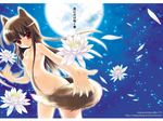  animal_ears chimaro cowboy_shot flower full_moon holo lily_pad long_hair moon night night_sky nude petals sky solo spice_and_wolf tail wolf_ears 