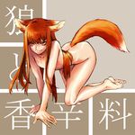  all_fours animal_ears bad_id bad_pixiv_id brown_hair flat_chest holo kataharaitai_aesop long_hair nude red_eyes solo spice_and_wolf tail wolf_ears 