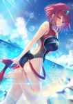  1girl beach black_swimsuit breasts closed_mouth cloud cowboy_shot earrings high_heels hinot homura_(xenoblade_2) jewelry large_breasts ocean red_hair red_shorts short_hair shorts sky smile solo standing standing_on_one_leg sunlight swimsuit xenoblade_(series) xenoblade_2 