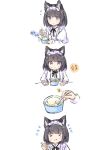  &gt;_&lt; 1girl :t animal_ear_fluff animal_ears bangs black_hair blush cat_ears closed_eyes closed_mouth collared_shirt commentary dress_shirt eating eyebrows_visible_through_hair flying_sweatdrops food holding holding_spoon ice_cream juliet_sleeves komugi_(wataame27) long_sleeves notice_lines original puffy_sleeves purple_eyes shirt simple_background spoon sweat translation_request upper_body v-shaped_eyebrows wataame27 wavy_mouth white_background white_shirt 