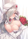  1girl alternate_costume aningay blush bouquet breasts bride cleavage closed_mouth collarbone commentary dress elbow_gloves flower from_side g36c_(girls_frontline) girls_frontline gloves hair_over_one_eye highres holding holding_bouquet large_breasts long_hair looking_at_viewer nose_blush red_eyes revision smile solo upper_body wedding_dress white_dress white_gloves white_hair 