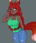  absurd_res anthro belt bottomwear breasts brown_body brown_eyes brown_fur canid canine clothed clothing female fingers fox fur gesture grey_background hair hi_res jeans mammal one_eye_closed pants peps red_hair simple_background solo terraria torn_clothing v_sign wink zoologist_(terraria) 
