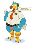  5_fingers animal_crossing anthro avian balls bird bottomless clothed clothing columbid dialogue digital_media_(artwork) dodo english_text feathers fingers flaccid genitals hi_res igiveyoulemons male nintendo open_mouth orville_(animal_crossing) overweight penis simple_background solo standing text tongue video_games 