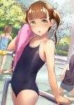  4girls :o ass bangs bare_arms bare_shoulders barefoot black_swimsuit blush brown_eyes brown_hair collarbone competition_school_swimsuit covered_navel cowboy_shot day eyebrows_visible_through_hair flat_chest hair_ribbon highres kneeling long_hair looking_at_another looking_at_viewer multiple_girls one-piece_swimsuit open_mouth outdoors ponytail ribbon school_swimsuit short_twintails sitting sody solo_focus standing swimsuit towel twintails water wet 
