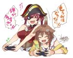  2girls ^_^ ^o^ animal_ears bare_shoulders braid breasts brown_hair closed_eyes commentary_request controller dog_ears eyepatch fangs game_controller hair_ornament hairclip hat hololive houshou_marine inugami_korone mizuryuu_kei multiple_girls pirate_hat purple_hair simple_background sleeveless tears teeth translation_request twin_braids virtual_youtuber white_background 