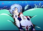  1girl animal ayanami_rei bangs blue_hair bodysuit breasts closed_eyes closed_mouth collar eyebrows_visible_through_hair fish hair_between_eyes lips lolik lying medium_breasts neon_genesis_evangelion ocean on_back pilot_suit plugsuit short_hair sleeping solo turtleneck underwater upper_body white_bodysuit 