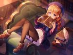 1girl bangs beret black_legwear blush book bookshelf boots braid commentary_request covering_mouth frills hat holding holding_book indoors light_rays long_hair pantyhose princess_connect! princess_connect!_re:dive purple_eyes red_hair seero skirt solo yuni_(princess_connect!) 
