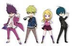  1girl 3boys ahoge akamatsu_kaede amami_rantarou backpack bag bangs beamed_eighth_notes beard black_hair blonde_hair breasts chibi closed_mouth danganronpa denim ear_piercing eighth_note eyelashes facial_hair gakuran goatee green_eyes green_hair hair_between_eyes hair_ornament happy height_difference jacket jacket_on_shoulders jeans jewelry kanata_(loser51) kiseru long_hair long_sleeves looking_at_viewer momota_kaito multiple_boys musical_note musical_note_hair_ornament necklace necktie new_danganronpa_v3 pale_skin pants parody persona_q_(series) piercing pink_eyes pipe pleated_skirt purple_eyes purple_hair randoseru saihara_shuuichi school_uniform serious shirt short_hair silver_eyes simple_background skirt smile space_print spiked_hair staff_(music) starry_sky_print striped striped_shirt style_parody sweater_vest tablet_pc white_background wristband yellow_eyes 