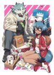  anthro blue_body blue_eyes blue_fur blue_hair brand_new_animal brown_body brown_fur burger_king canid canine canis chips_(food) clothed clothing coat collar duo eating female fluffy fluffy_tail food footwear fur gloves hair handwear hi_res jacket male mammal michiru_kagemori raccoon_dog sandwich_(food) shirou_ogami shoes studio_trigger subway_(restaurant) tanuki topwear white_body wolf yow 