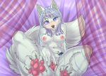  2020 4_toes 5_fingers anthro areola blue_eyes breasts canid canine digital_media_(artwork) eyebrows eyelashes female fingers fox genitals gimka looking_at_viewer mammal nipples pussy smile solo spread_pussy spreading toes 