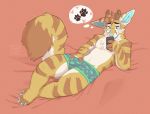 &lt;3 5_fingers anthro antlers blush bulge bulge_fondling cellphone claws clothed clothing digital_media_(artwork) fingers horn jeanx lying male on_back pawpads paws phone simple_background solo stripes thought_bubble tongue tongue_out underwear 