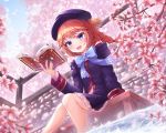 1girl :d absurdres bangs beret blue_bow blue_eyes blurry blurry_background blush book bow braid cherry_blossoms commentary_request day eyebrows_visible_through_hair flower from_below hat highres holding holding_book ichizon long_hair long_sleeves looking_at_viewer open_book open_mouth outdoors princess_connect! princess_connect!_re:dive red_hair scenery sitting smile solo spring_(season) tree tree_branch water yuni_(princess_connect!) 
