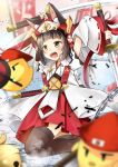  1girl :d animal_ear_fluff animal_ears arms_up azur_lane bangs banner bell bird black_hair black_legwear blurry_foreground blush chain chick commentary_request cowboy_shot detached_sleeves eyebrows_visible_through_hair flat_chest fox_ears hair_ornament hat helmet highres holding holding_sword holding_weapon japanese_clothes jewelry katana kimono looking_to_the_side magatama_print manjuu_(azur_lane) mutsu_(azur_lane) mutsu_(warring_states_warship)_(azur_lane) necklace open_mouth red_skirt ribbon-trimmed_sleeves ribbon_trim rice_hat sakuramon sheath sheathed short_hair short_sleeves sidelocks skirt smile solo_focus standing sword thighhighs upper_teeth weapon white_background white_kimono white_sleeves wide_sleeves yellow_eyes yozuki_shokora zettai_ryouiki 