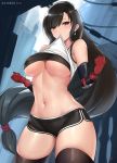  1girl bangs bare_shoulders black_hair black_legwear black_shorts blush breasts cyicheng earrings elbow_gloves elbow_pads final_fantasy final_fantasy_vii final_fantasy_vii_remake gloves jewelry large_breasts lifted_by_self long_hair looking_at_viewer low-tied_long_hair midriff mouth_hold navel red_eyes revision shirt shirt_lift short_shorts shorts skirt solo standing suspender_skirt suspenders swept_bangs tank_top taut_clothes taut_shirt thighhighs tifa_lockhart underboob very_long_hair white_tank_top 