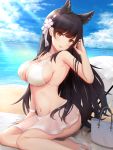  1girl animal_ears atago_(azur_lane) atago_(midsummer_march)_(azur_lane) azur_lane bag bangs beach bikini blue_sky breasts brown_eyes choker cloud day extra_ears eyebrows_visible_through_hair fox_ears hair_ornament hand_up highres kirifrog large_breasts long_hair looking_at_viewer mole mole_under_eye ocean outdoors parasol sand sitting sky smile solo swimsuit umbrella 