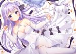  1girl ahoge azur_lane bangs bare_shoulders bed_sheet black_bow black_ribbon blush bow breasts cleavage commentary_request criss-cross_halter detached_sleeves dress eyebrows_visible_through_hair frilled_pillow frills fujikura_ryuune hair_bun hair_ribbon halterneck long_hair long_sleeves medium_breasts one_side_up pillow purple_eyes purple_hair ribbon shoes side_bun sleeves_past_wrists solo stuffed_alicorn stuffed_animal stuffed_toy thighhighs unicorn_(azur_lane) very_long_hair white_dress white_footwear white_legwear white_sleeves 