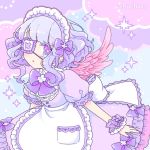  1girl apron bangs blush bow chachaco commentary dress eyepatch feathered_wings frills hair_bow light_blue_hair looking_at_viewer maid maid_day maid_headdress original pink_nails pink_wings puffy_sleeves purple_bow purple_dress purple_eyes purple_frills short_hair short_sleeves solo sparkle_background symbol-shaped_pupils wings yume_kawaii 